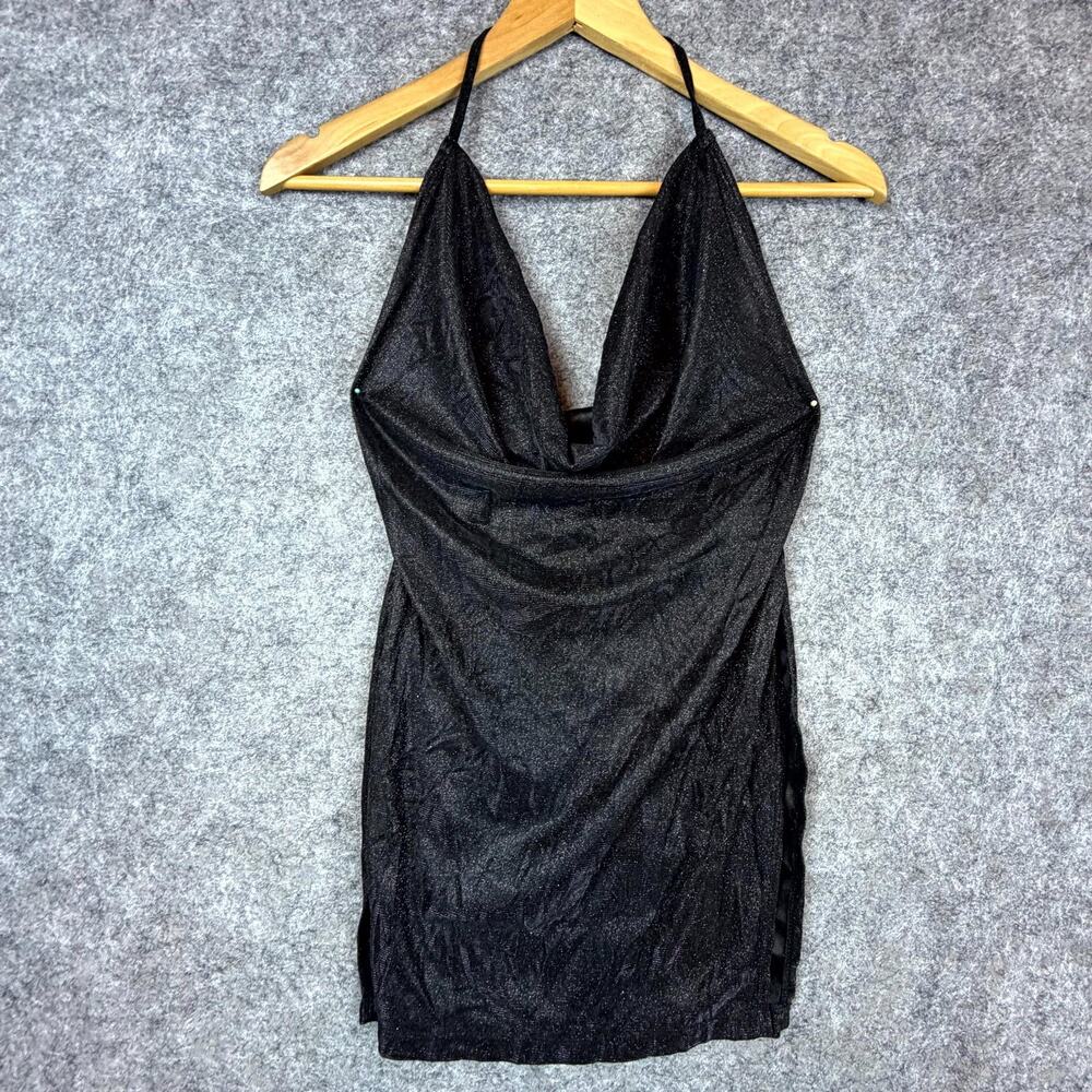Bling Mini Dress Womens 4 Black Draped Sparkle Halter NYE HOCO Clubwear Holiday